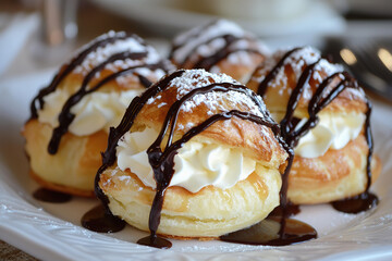 Delicate cream puffs drizzled with chocolate on white plate