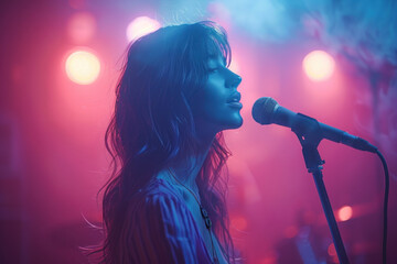 Female singer performing passionately in vibrant nightclub lighting