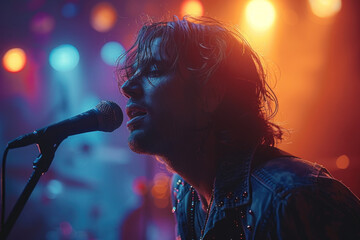 Singer performing on stage with vibrant lighting and smoke effects