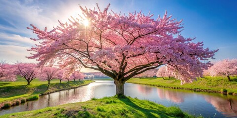 Obraz premium of cherry blossom tree in full bloom, representing the beauty of Japanese spring , cherry blossom, tree, flowers, pink, petals