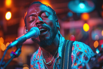 Afro musician passionately singing and playing guitar on stage