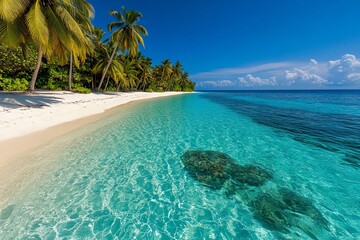 Fototapeta premium A pristine white sand beach with clear turquoise water and lush palm trees on a tropical island.
