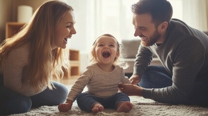 A joyful family moment at home in the living room with parents playing and laughing with their happy baby during a sunny afternoon