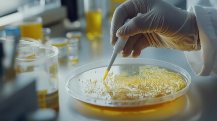 A person is holding a syringe and drawing a yellow liquid into a petri dish