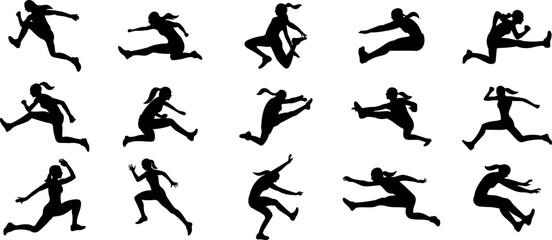 Set of 15 item women's long jump silhouette vector illustration