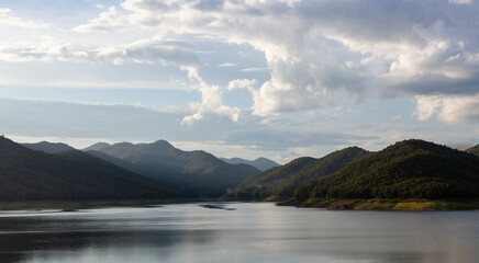 Mae Kuang reservoir. Beautiful lake and mountains landscape in Chiang Mai province, Northern Thailand.