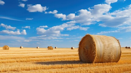 harvest season Wheat field after harvest with baled straw