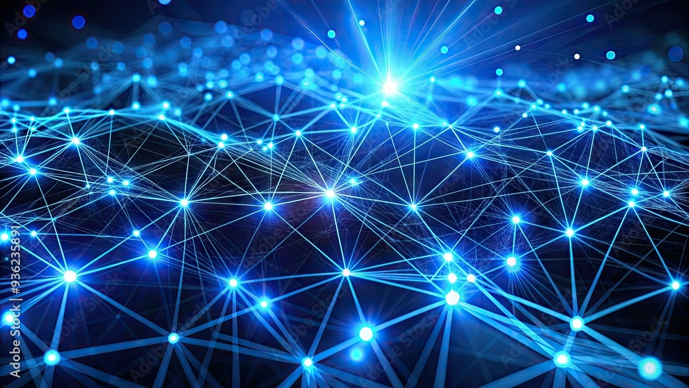 Poster abstract futuristic network of glowing blue lines and nodes interconnected in a complex pattern, sym