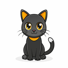 Obraz premium Adorable cartoon black cat with big eyes and an orange collar sitting and looking cute