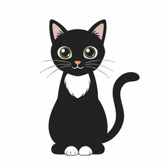 Sweet cartoon black cat with white patches sitting and grinning