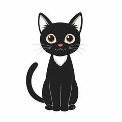 Happy black cat with white chest fur sitting and smiling in cartoon style