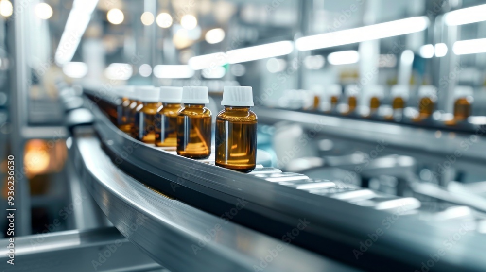 Poster amber bottles filled with a clear liquid glide smoothly along a conveyor belt, showcasing an efficie