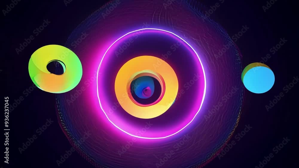 Poster glowing neon circles expand, creating a vibrant backdrop filled with colorful rings and abstract sha