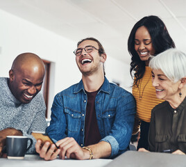 Creative, business people and laugh in office with smartphone for social media meme, joke and...
