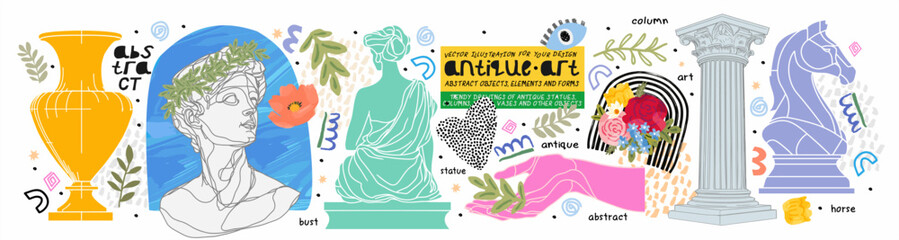 Art objects for the exhibition of classical antique and modern painting, sculpture and music. Line illustrations, plaster bust, statue, column, line, column, vase, horse chess pieceand abstract forms