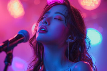 Young woman singing passionately on stage with colorful lights