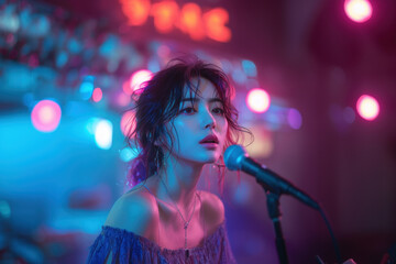 Young woman singing on stage with vibrant neon lights