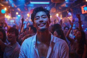 Obraz premium Smiling young man enjoying vibrant nightclub party with friends