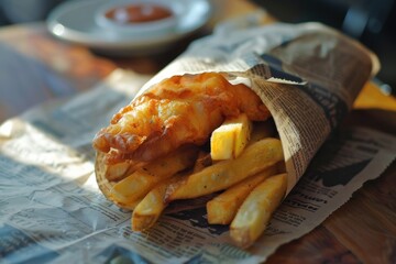 Delicious fish and chips with a crispy texture, served with lemon and dipping sauce.