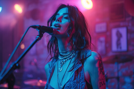 Young woman singing on stage with vibrant neon background