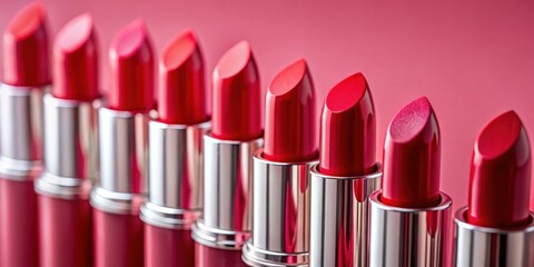 Obraz premium Close-up shot of red lipstick tubes on a pink background, beauty, makeup, cosmetics, glamour