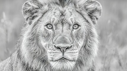   Black-and-white photo of lion facing camera, showing sad expression