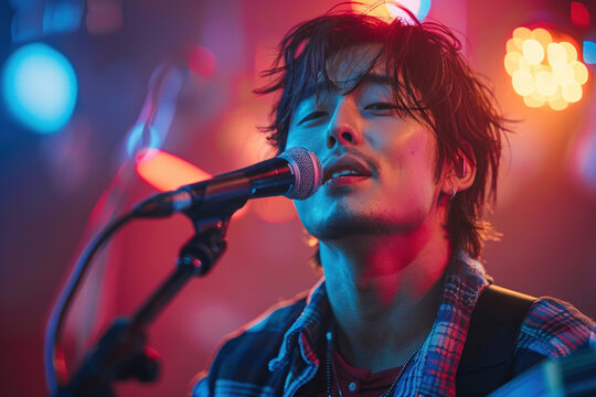 Young musician performing passionately under colorful stage lights