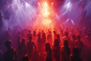 Crowded nightclub with vibrant lights and dancing people