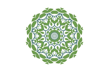 A circular design featuring green and blue colors, adorned with stylized leaves, creating a harmonious natural aesthetic