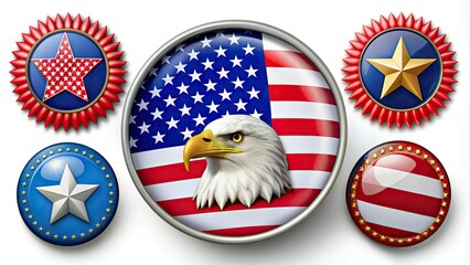 A collection of patriotic icons featuring a bold star-spangled banner, American eagle, and proud 'Made in USA' badge, symbolizing national pride and quality craftsmanship.