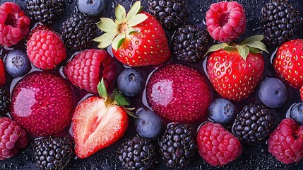 Fototapeta premium Berries, including raspberries, blueberries, and strawberries, are arranged on a black surface