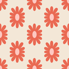 Obraz premium Seamless pattern with abstract geometric flowers in retro hippie style. Vector floral background. Vintage fashionable print with daisy flowers in 1970s style
