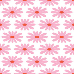 Seamless pattern with abstract geometric pink flowers in retro hippie style. Vector floral background. Vintage fashionable print with daisy flowers in 1970s style