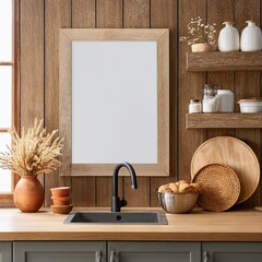 Mock up poster frame in kitchen interior, Farmhouse style, 3d render
