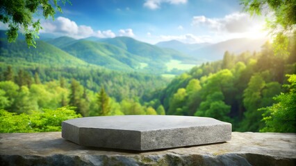 Minimalistic stone podium with a lush, green mountain backdrop, perfect for nature-inspired product presentations in a peaceful outdoor setting.