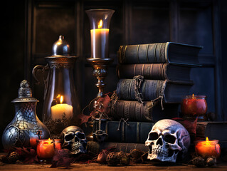 Amazing Mystical Halloween still-life background, Skull, candlestick with candles, old fireplace