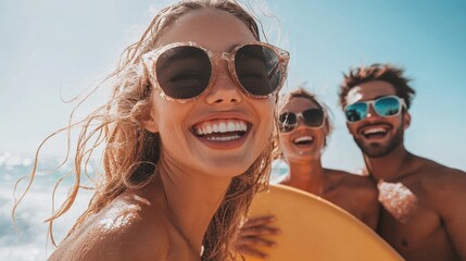 Group of friends laughing and enjoying a fun day at the beach, soaking up the sun and sharing joyful moments together by the waves