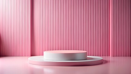Minimalistic 3D-rendered pink podium with vertical striped backdrop. Ideal for product display and fashion showcases with ample copy space.