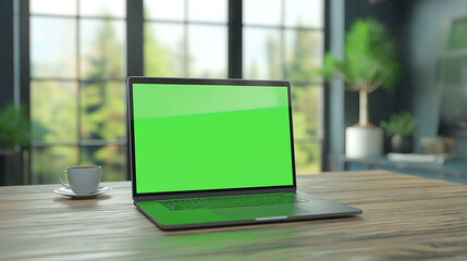 Modern laptop with green screen mock up on a wooden table.
