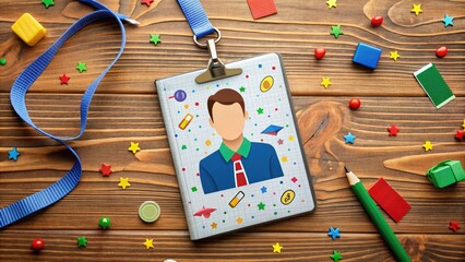 A colorful student ID card with a bright background, featuring a pattern of icons representing academic subjects, lying on a wooden desk amidst scattered notes.