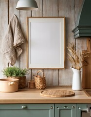 Mock up poster frame in kitchen interior, Farmhouse style, 3d render
