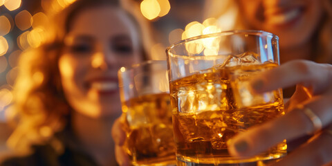 Cheers with Friends CloseUp of Two Women Clinking Whisky Glasses in Warm Lighting