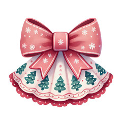 Charming pink bow adorned with snowflakes and Christmas trees, perfect for adding a festive touch to holiday decor.