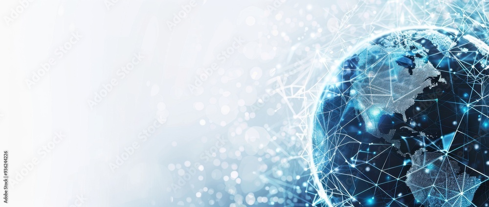 Poster abstract digital technology background with a globe and network connections, in a blue color scheme 