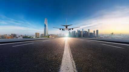 Airplane Approaching Modern City Skyline in Daylight. Urban Landscape with Skyscrapers and Clear Blue Sky. Footage of a jet descending towards a vibrant city with tall skyscrapers and a bright, clear 