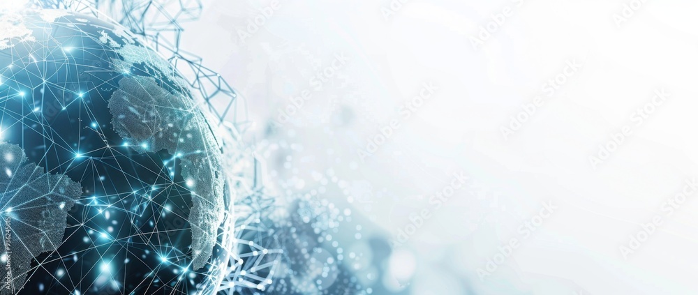 Poster abstract digital technology background with a globe and global network concept, in a blue-grey color