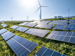 view of solar power station and wind power station on hill