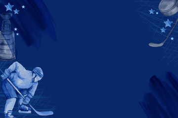 Obraz premium hockey player with sticks, hockey cup, puck, hockey stick and textured stars on blue background with skate tracks on ice, template, horizontal frame, hand drawn watercolor sketch of ice sport theme