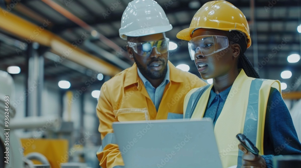 Poster two skilled individuals engage in a focused discussion while examining technical data on a laptop in