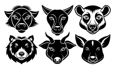 Download Animal Head Silhouette Vector Set - Cat, Dog, Cow, Pig, Bear, Deer Logo Icons On White Background - Vector Illustration Svg File For Design.